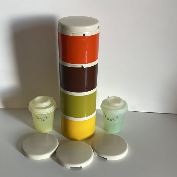 Vintage Tupperware Stackable Spice Containers Salt Pepper Shakers Lids for All - Picture 1 of 11